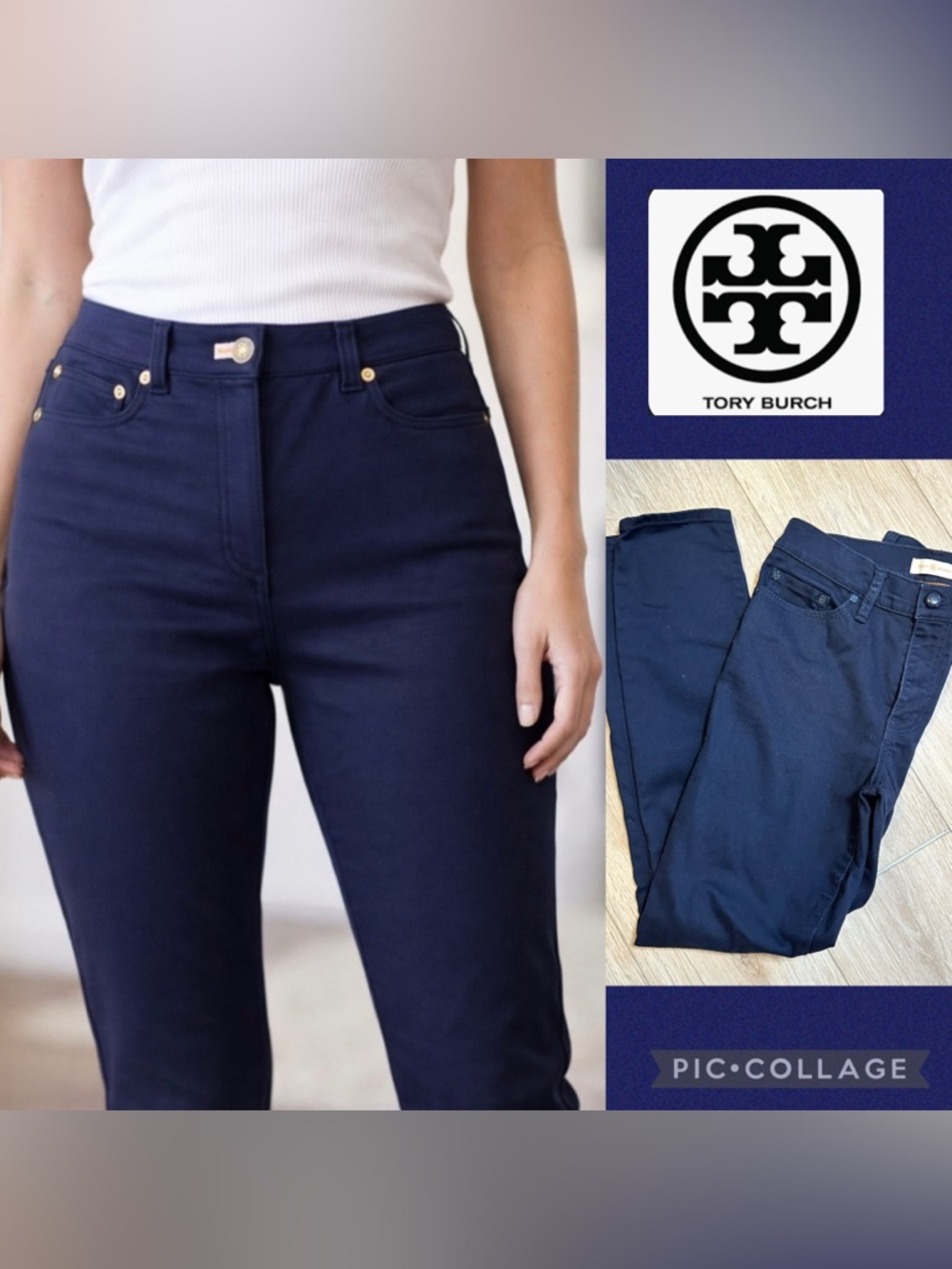 Tory Burch Navy High-Rise Slim Jeans *black button *